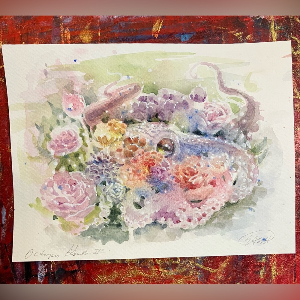Octopus Original Watercolor Painting Flowers ocean sea Art NEW Artettina Signed